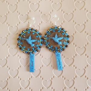 Blue Beaded Bird Earrings